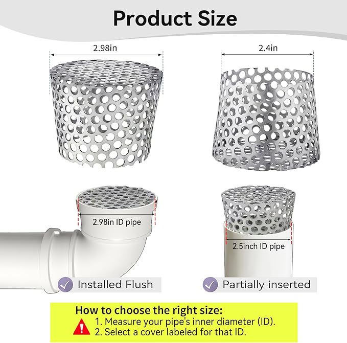 PVC Termination Mesh Vent Cover, Furnace&Roof Vent Cap, OD 2.4in to 2.98in Multihole Vent Mesh for 2.5in to 2.98in ID Pipe, Stainless Steel Conical Vent Mesh, Used for Keep Birds and Leaves Debris Out