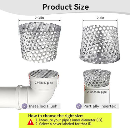PVC Termination Mesh Vent Cover, Furnace&Roof Vent Cap, OD 2.4in to 2.98in Multihole Vent Mesh for 2.5in to 2.98in ID Pipe, Stainless Steel Conical Vent Mesh, Used for Keep Birds and Leaves Debris Out