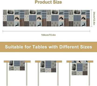 Rustic Bear Deer Table Runner, Blue Checkered Nature Forest Wildlife Farmhouse Cabin Country Table Runner for Outdoor Dining Kitchen Camping Party 13x60in