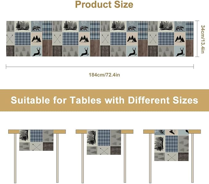 Rustic Bear Deer Table Runner, Blue Checkered Nature Forest Wildlife Farmhouse Cabin Country Table Runner for Outdoor Dining Kitchen Camping Party 13x108in