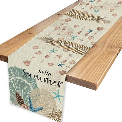 Nautical Coastal Table Runner, Rustic Starfish Seashells Tropical Leave Ocean Beach Hello Summer Farmhouse Coffee Table Center Decor for Home Kitchen Dining Patio Outdoor Table Decorations, 13"x72"