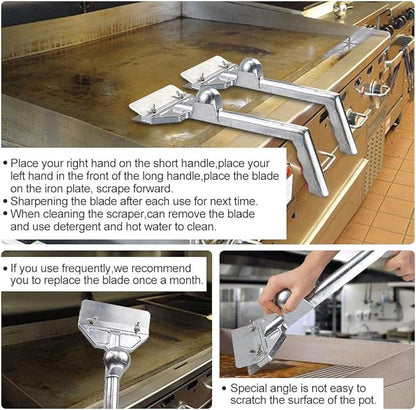 Grill Scrapers, Heavy Duty Casting Aluminum Commercial Griddle Scraper with 5 Blades and Small Slant Edge Grill Scraper