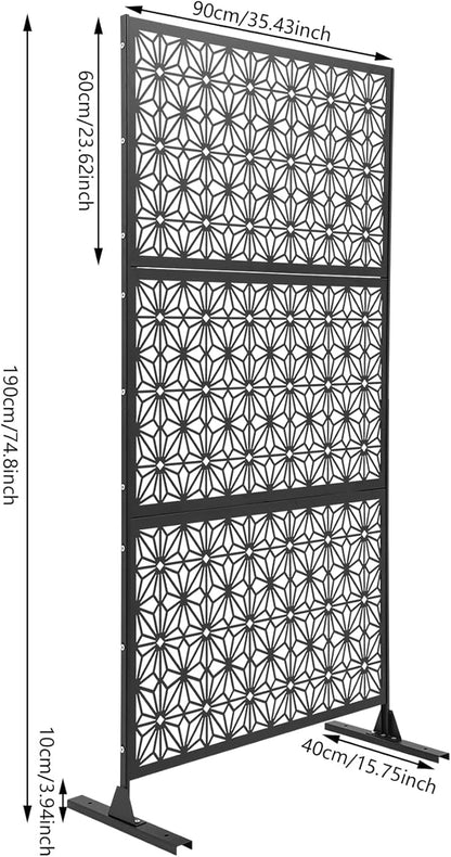 75" H×35" W Decorative Outdoor Privacy Screen with Stand, Outdoor Decor Privacy Fence Screen Metal Fence Panels, Free Standing Metal Divider for Patio Lawn Deck (Black-Small Snowflake)