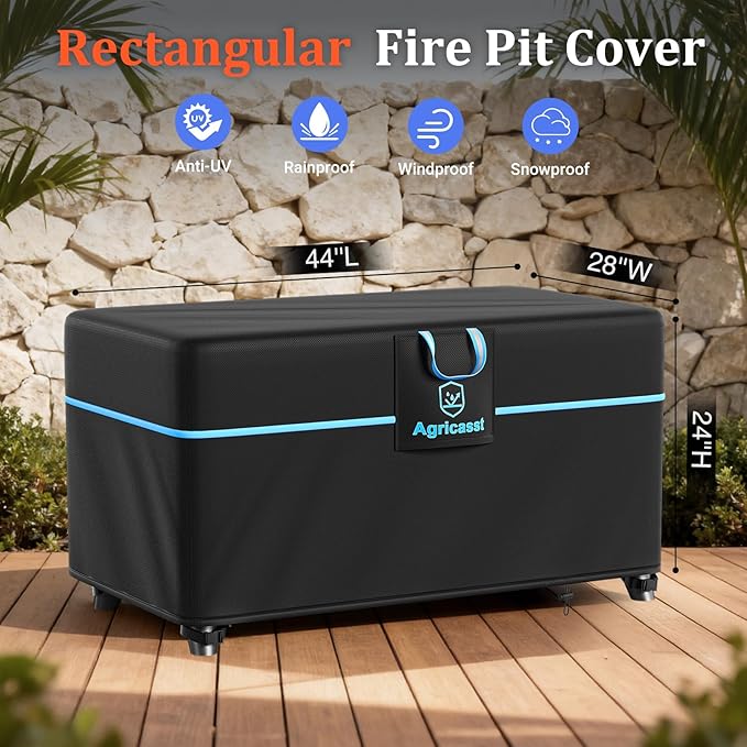 Fire Pit Cover Rectangular 44 Inch for 40''- 44'' Fire Pit, 600D Heavy Duty Firepit Cover Waterproof Fire Table Cover with Air Vent, 4 Windproof Buckles, Drawstring - 44''L x 28''W x 24''H