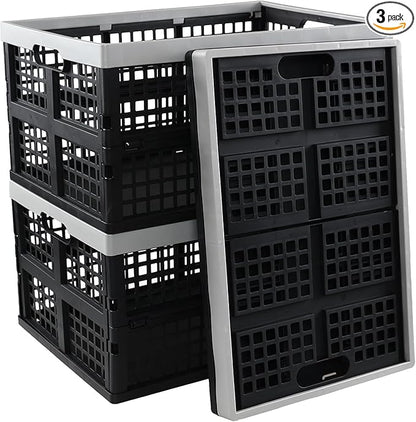 3 Pack 42 L Large Plastic Collapsible Storage Crates, Stackable Folding Milk Crate, Black