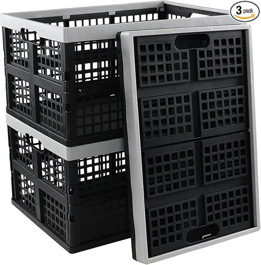 3 Pack 42 L Large Plastic Collapsible Storage Crates, Stackable Folding Milk Crate, Black