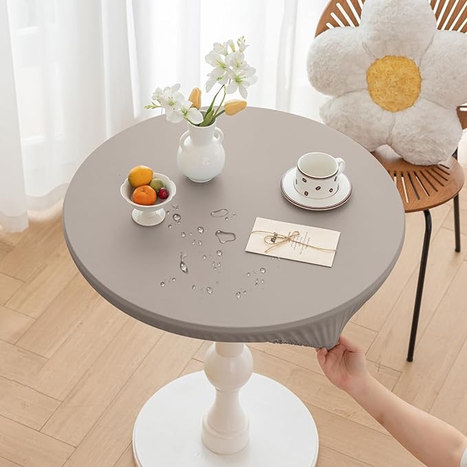 Round Fitted PU Tablecloth with High Elastic Edge 63 Inch Dia Waterproof Oil Proof Table Cloth Anti-Scald Stain-Resistant Wipeable Table Cover for Indoor Outdoor Picnic (Grey,63" Dia)