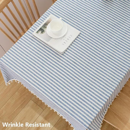 TruDelve Boho Cloth Tablecloth Blue and White Striped Rectangular Tablecloths Cotton Fabric Tablecloths for Rectangle Tables (Blue,86"x55",Rectangular)