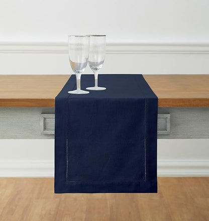 Solino Home Navy Blue Hemstitch Table Runner 36 Inches - Cotton Linen Small Table Runner 14 x 36 Inch Ideal for Dresser and Coffee Tables - Fall, Autumn, Halloween, Thanksgiving, Christmas, Holiday
