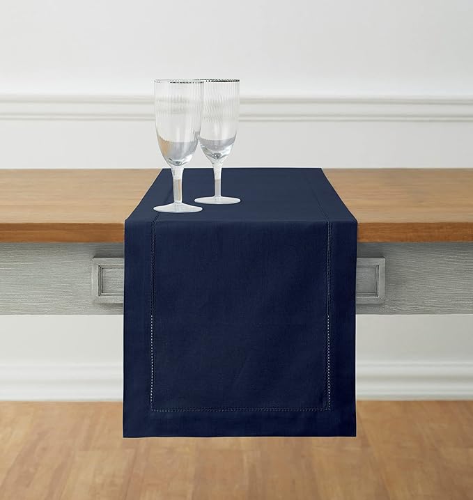 Solino Home Navy Blue Table Runner 60 Inches - Cotton Linen Hemstitch Coffee Table Runner 14 x 60 Inch Ideal for Dresser Tables - Winter, Spring, Easter