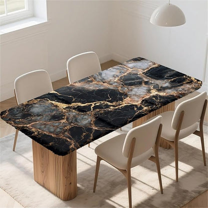 Rectangle Table Cloth Cover Waterproof Elastic Fitted Polyester Fitted Tablecloths for 8 Foot Tables for Indoor,Picnic, Camping, Outdoor （96" x 30"，Black Marble）