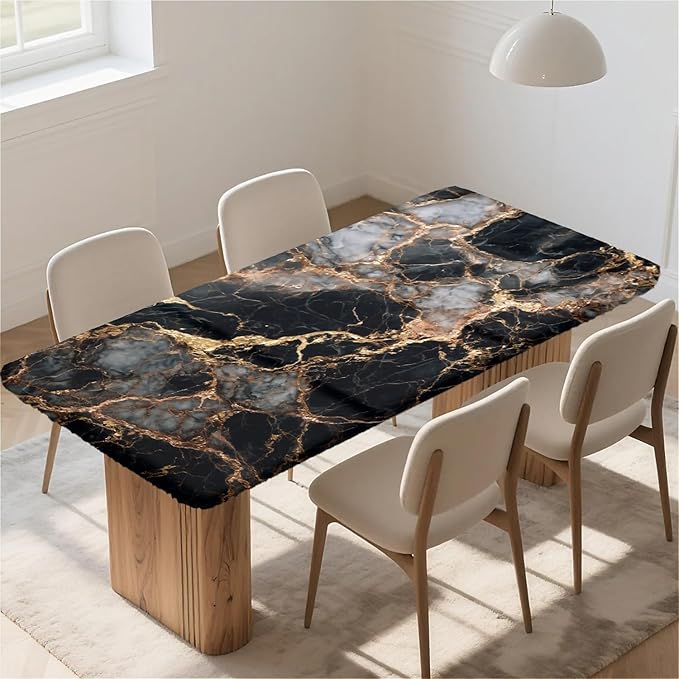 Rectangle Table Cloth Cover Waterproof Elastic Fitted Polyester Fitted Tablecloths for 4 Foot Tables for Indoor,Picnic, Camping, Outdoor （48" x 30"，Black Marble）
