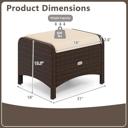 Tangkula 2 Pieces Outdoor Patio PE Wicker Ottomans with Removable Cushions, Outdoor Furniture for Additional Seating, Footrest and Side Table, Outdoor Footstools for Porch, Garden and Backyard