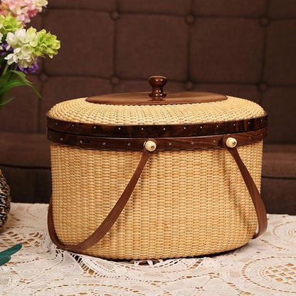 Nantucket Style Basket Picnic Basket Rattan Handmade Products Woven Sewing Storage Basket Two Swing Handles Tote Bag for Women
