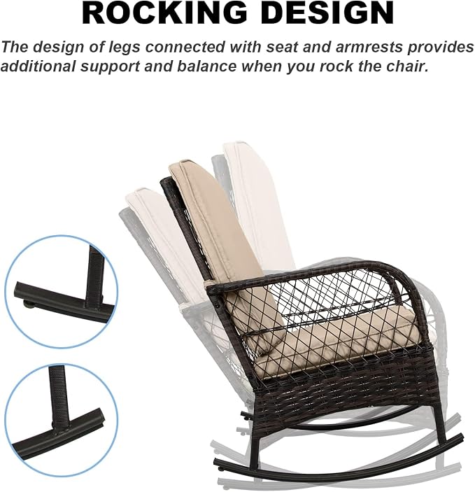 3 pcs Rocking Bistro Set Conversation Chairs PE Wicker Outdoor Rocking Chairs & - Image 5