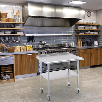 24x30 Inch Stainless Steel Work Table with Backsplash and Undershelf, Casters, Commercial Prep Table, Heavy Duty Kitchen Workbench, NSF Certified