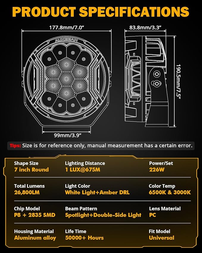 Auxbeam V-Ultra Series 7 Inch LED Pod Lights, 226W 26800LM Side Shooter Offroad Round Pods with Amber DRL& Black Cover, 270° Ultra-Wide Spotlights Universal Dual Color Light for Jeep ATV UTV, Pair