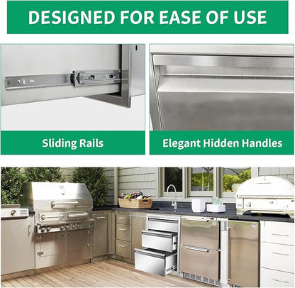 Outdoor Kitchen Drawers 18" W x 24" H x 23" D Stainless Steel Triple Drawers with Hidden Handle for BBQ Island, Patio Grill Station & Outdoor Kitchen Cabinets