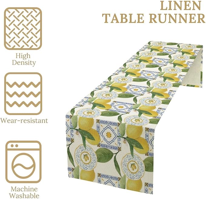 Tiles Lemon Table Runner, Watercolor Italian Tile Floral Plant Print Table Runner for Farmhouse Coffee Home Kitchen Dining Outdoor Party 13x90in