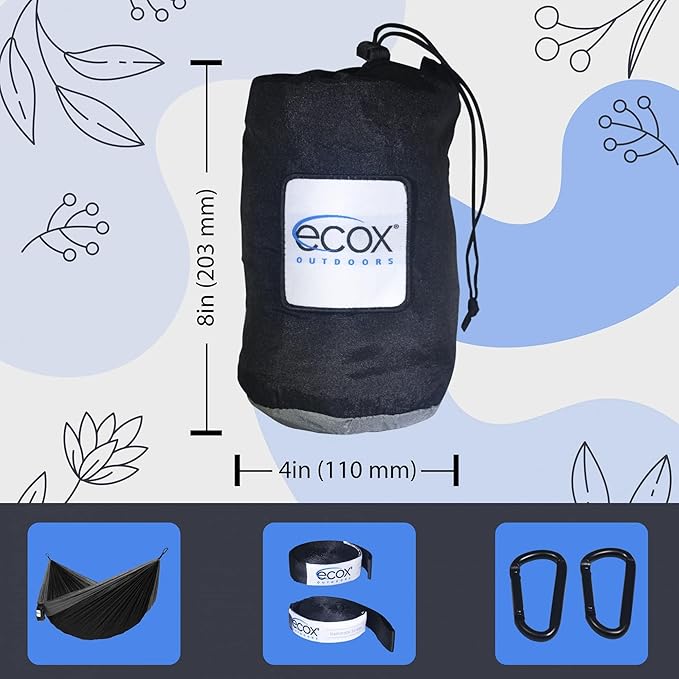 ecox Outdoors Parachute Hammock Single with 2 Tree Straps, Portable Lightweight Nylon Comfortable for Backpacking, Camping, Travel, Beach, Backyard, Patio, Hiking