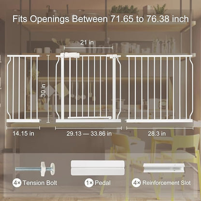 Extra Wide Baby Gate with Door Pressure Mounted 71.65-76.38 Inch,Child Baby Gates for Doorways No Drilling,Walk Through Dog Gate Indoor for The House Kitchen Stairs,White