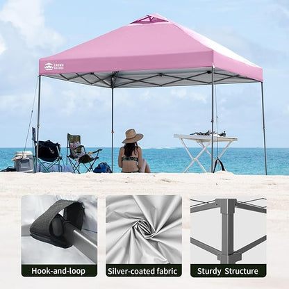 CROWN SHADES Adjustable Height on The Fly, 10x10 Pop Up Canopy - Beach Tent with One Push Setup - Easy Outdoor Sun Shade for Events, Parties, Camping - Outside Shade with STO-N-Go Bag, Pink