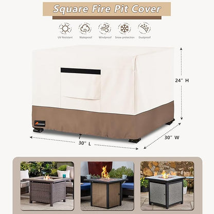 Fire Pit Cover Square, Outdoor Heavy Duty Durable 600D Tear-Resistant 100% Waterproof 28-30 Inch Fire Pit Cover, Patio Weatherproof Square Fire Table Protector, Beige 30" L x 30" W x 25" H