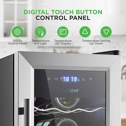 Nutrichef 18 Bottle Wine Fridge | Dual Zone Wine Chiller | Adjustable Temperature 41°F to 64°F | Ultra Quiet Operation | Wine Cooler For Home & Office | Free Standing 32x11x23 IN | Black