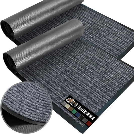 GORILLA GRIP Waterproof Traffic Guard Door Mat, 2 Pack Heavy Duty Entryway Mats, Strong Rubber Back Commercial Rugs for Office Hallway, Garage Floor and Home, Low Profile Carpet, 35x23, Charcoal Gray