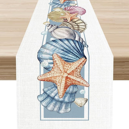 Summer Starfish Table Runner, Blue Sea Coastal Seashell Beach Nautical Starfish Ocean Table Runner Seasonal Holiday Home Kitchen Dining Table for Home Party Decor 13"x90"
