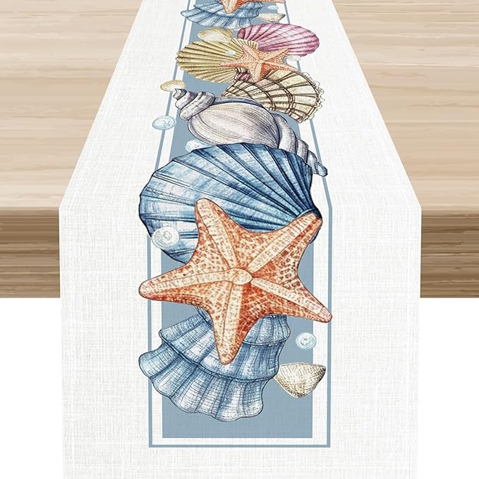 Summer Starfish Table Runner, Blue Sea Coastal Seashell Beach Nautical Starfish Ocean Table Runner Seasonal Holiday Home Kitchen Dining Table for Home Party Decor 13"x36"
