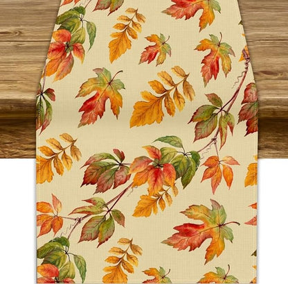 Fall Table Runner, Autumn Orange Yellow Maple Leaves Rustic Thanksgiving Farmhouse Table Cover for Kitchen Dinning Table Indoor Outdoor Party Decor, 13x120inch