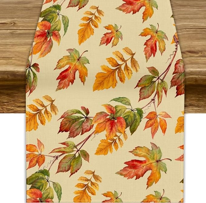 Fall Table Runner, Autumn Orange Yellow Maple Leaves Rustic Thanksgiving Farmhouse Table Cover for Kitchen Dinning Table Indoor Outdoor Party Decor, 13x60inch