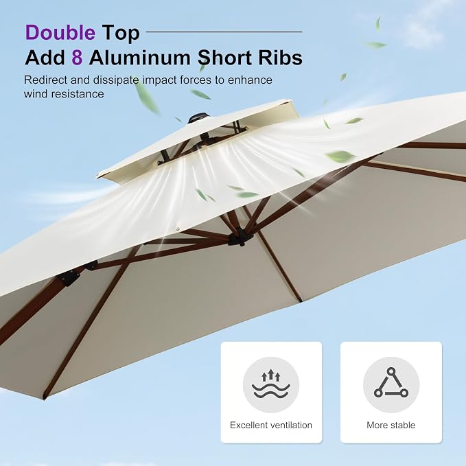 PURPLE LEAF Patio Umbrella 11ft Double Top Wood-Grain Finish, Cream | Braced - Image 7