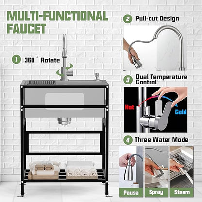 Utility Sink, 25x18 Inch Stainless Steel Freestanding Laundry Sink Practicality With Accessories-Kitchen Faucet,Soap Dispenser, SS Sink Grid, Colander For Laundry,Garage,Outdoor Kitchen,Garden...