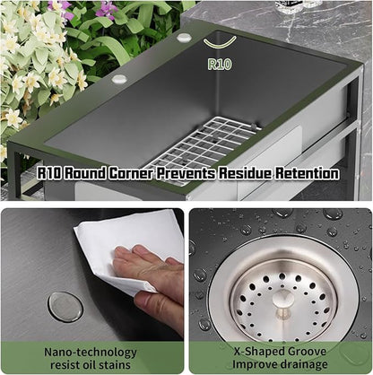 Black 30x18 Inch Freestanding Utility Sink-Stainless Steel Laundry Sink Practicality With Accessories Black Stainless Faucet,Soap Dispenser, SS Sink Grid For Laundry,Garage,Outdoor Kitchen,Garden...