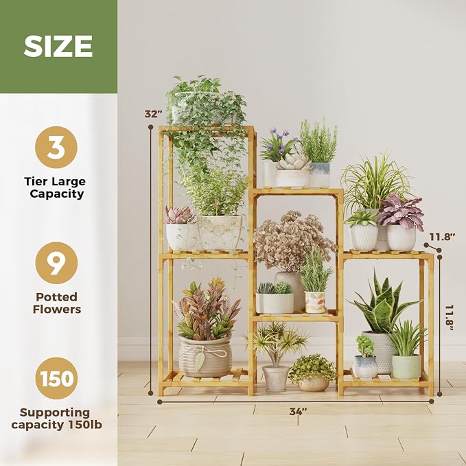 Bamworld Bamboo Plant Stand Indoor Boho Plant Shelf Tiered Plant Rack | - Image 5