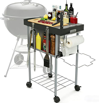 Grill Cart Table Accessories Outdoor Grilling Side Tables for 18"/22" Weber Charcoal Kettle Grills Rolling Prep Stand with Wheels Mesh Storage Racks Perfect for BBQ Camping Home Party