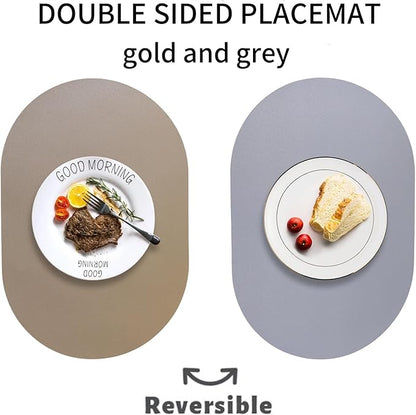 Oval Faux Leather Placemats Set of 6,Reversible PU Placemat for Dining Table,Waterproof Heat Resistant Wipeable Anti Slip Table Mats,Modern Table Protectors(Grey and Gold)