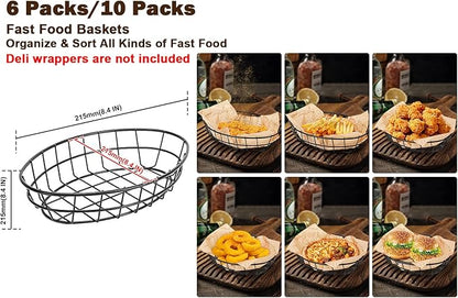 6 Pack Metal Fast Food Oval Baskets, Wire Bread Basket for Serving, Reusable Chip Burger Fruit Vegetables Bowl Storage for Kitchen Table, Restaurants, Snack Bar, 9.5" x 6.3" x 2"