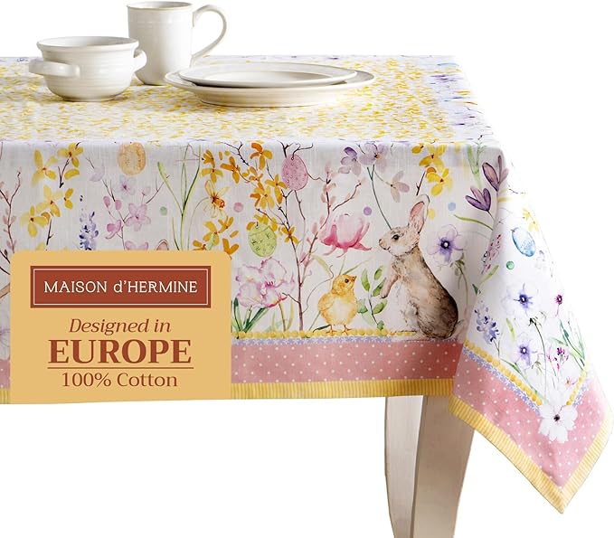 Maison d' Hermine Table Cloth Rectangle Table 100% Cotton 70 x 90 Inches Tablecloth Reusable Decorative for Dining Room, Farmhouse, Home, Party, Festive & Wedding Spring Summer - Easter Zest