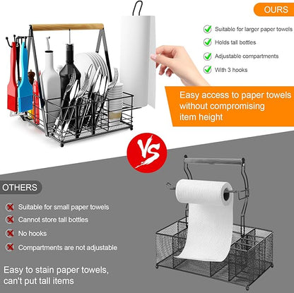 Grill Caddy, BBQ Caddy for Outdoor Grill with Paper Towel Holder, Picnic Utensil Caddyfor Outdoor Kitchen, RV, Patio, Tailgate, Camping Essentials, Grilling Gifts for Men, Barbecue Tool Sets