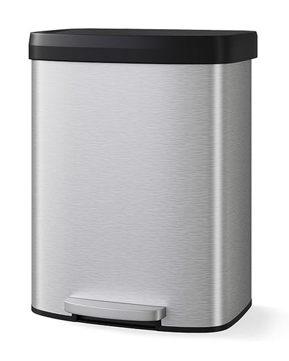 Garvee 16 gal / 60 L Stainless Steel Trash Can with Lid, Large Garbage Can for Kitchen, Rustproof Step-on Kitchen Metal Trash Bin with Liner Rim, Rear Handle, Soft Close Plastic Lid, Silver