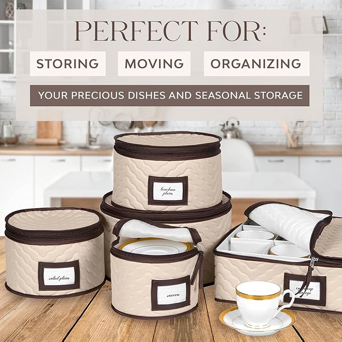 China Storage Containers 5-Piece Set Moving Boxes for Dinnerware, Glasses, Plates, Mugs and Saucers Sturdy Quilted Microfiber Dish Organizer with Dividers for Seasonal Storage - Holds Set of 12