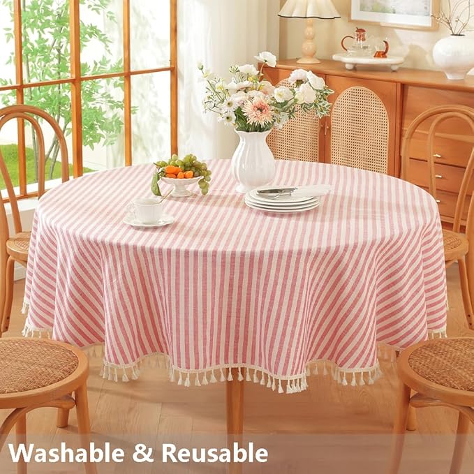 TruDelve Round Tablecloth 60 Inch Red and White Striped Cloth Tablecloths Circle Outdoor Picnic Table Cloth Round Cover (Red,60",Round)