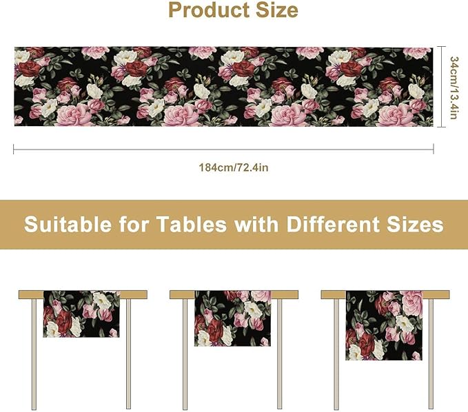 Gothic Floral Table Runner,Vintage Pink Red Rose Flower Print Table Runner for Kitchen Dining Table Indoor Outdoor Home Party Decor,Black 13x60in