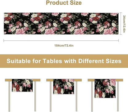 Gothic Floral Table Runner,Vintage Pink Red Rose Flower Print Table Runner for Kitchen Dining Table Indoor Outdoor Home Party Decor,Black 13x70in