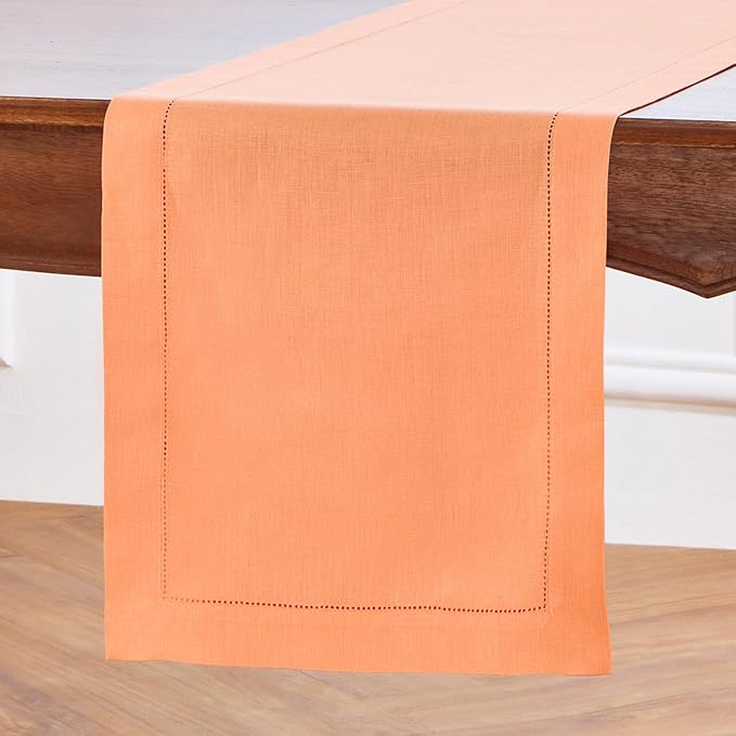 Solino Home Linen Coral Hemstitch Table Runner 36 Inches - 100% Pure Linen Small Table Runner 14 x 36 Inch Ideal for Dresser and Coffee Tables, Valentines, Spring, Easter - Classic Hemstitch