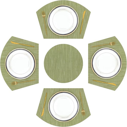 SHACOS Large Size Wedge Shape Placemats with Centerpiece Round Mat Set of 5 Round Table Place Mats Washable Dining Table Placemats Reversible, Green