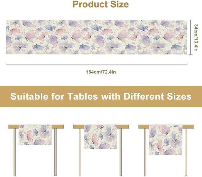 Watercolor Butterfly Table Runner, Pink Purple Butterfly Splash Spot Doodle Art Table Runner for Holiday Kitchen Dining Outdoor Home Party 13x108in